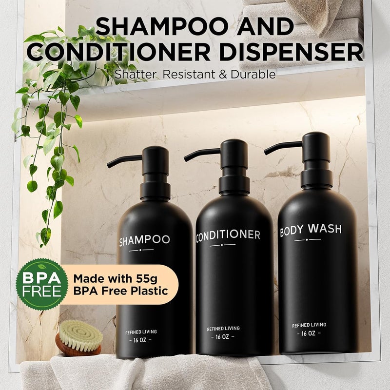 Aeakey Shampoo and Conditioner Dispenser Set,3 Refillable 16oz Bottles with Stainless Steel Pumps – Shower Soap Dispensers for Bathroom, Hotel or Airbnb (Black, 3-Pack) - Image 2